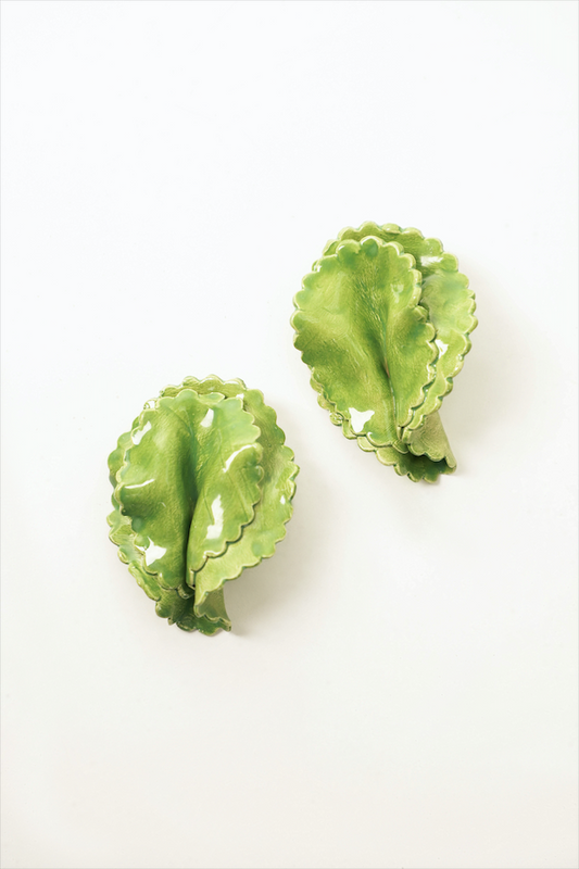 Green Double Leaf Ceramic Earrings